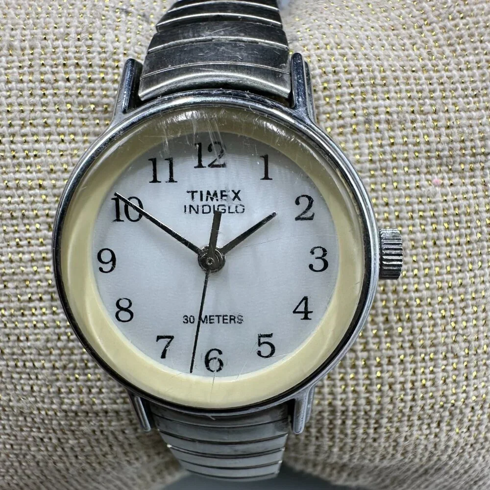 3/$30 Timex Indiglo Watch Women Silver White Dial Stretch Band 23MM Works 6